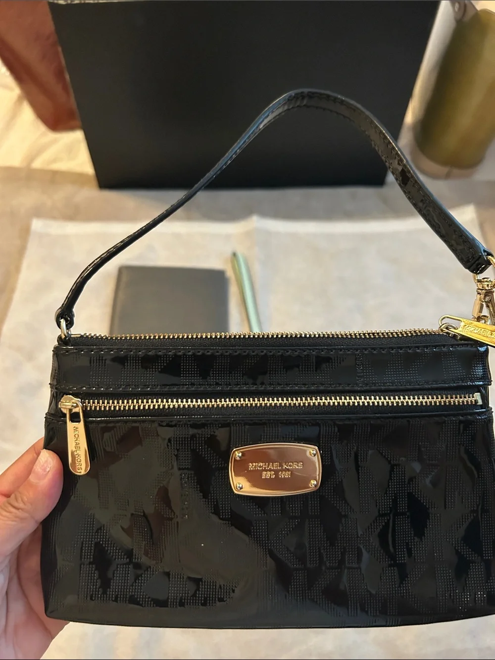 Michael Kors Black Patent Logo Wristlet with Gold Hardware - Picture 2 of 4